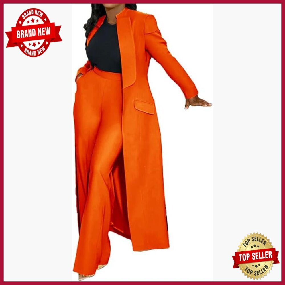 Women's 2-Piece Suit Set Long Blazer Straight Leg Pants Business Outfit